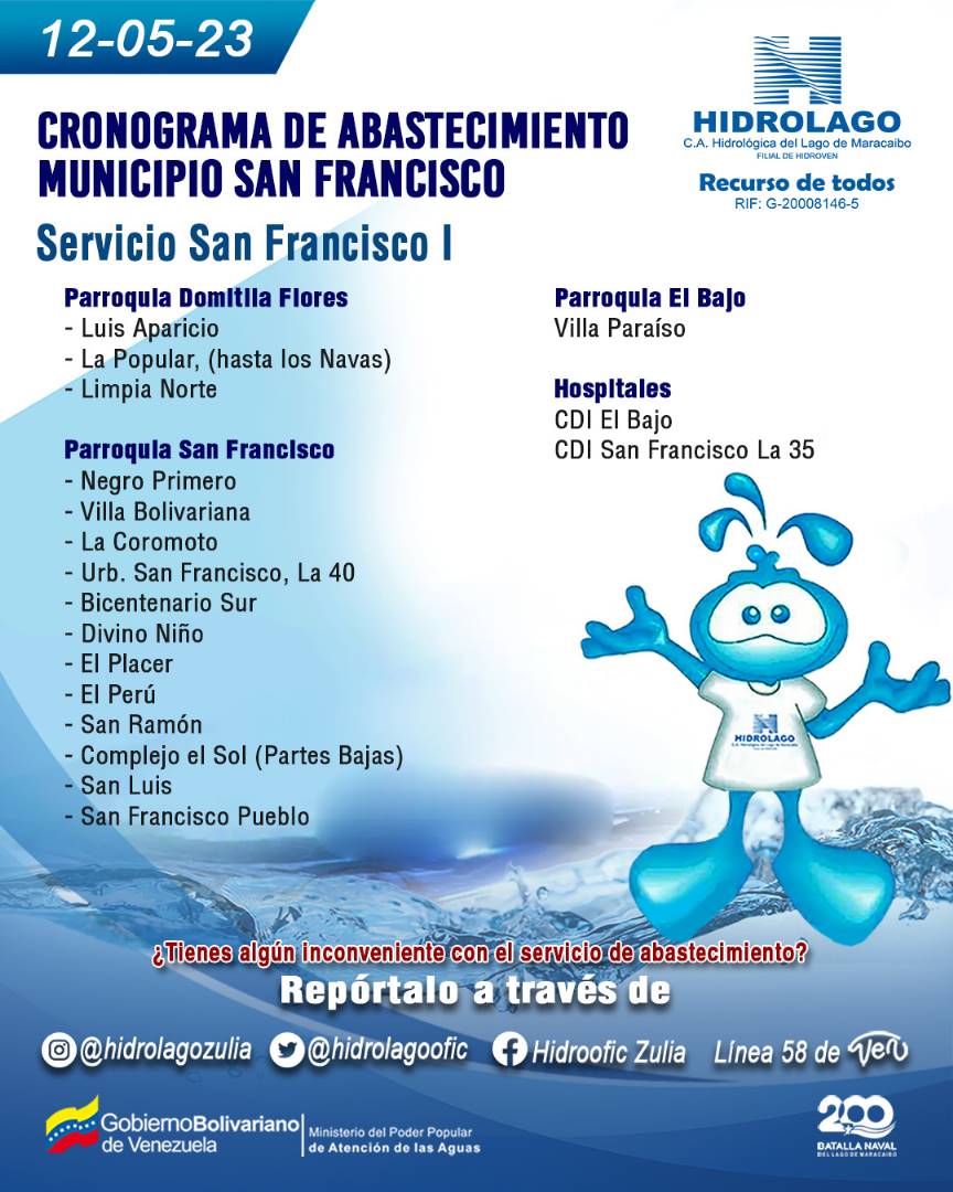 hidrolago_ve's tweet photo. #12May/ Hidrolago informa que para el municipio San Francisco activó el servicio San Francisco 1 que abastece a las comunidades de las parroquias: San Francisco, Domitila Flores y El Bajo con atención especial a los CDI de El Bajo y San Francisco.

#DiplomaciaUnionYCrecimiento https://t.co/LlDOOw9Os4
