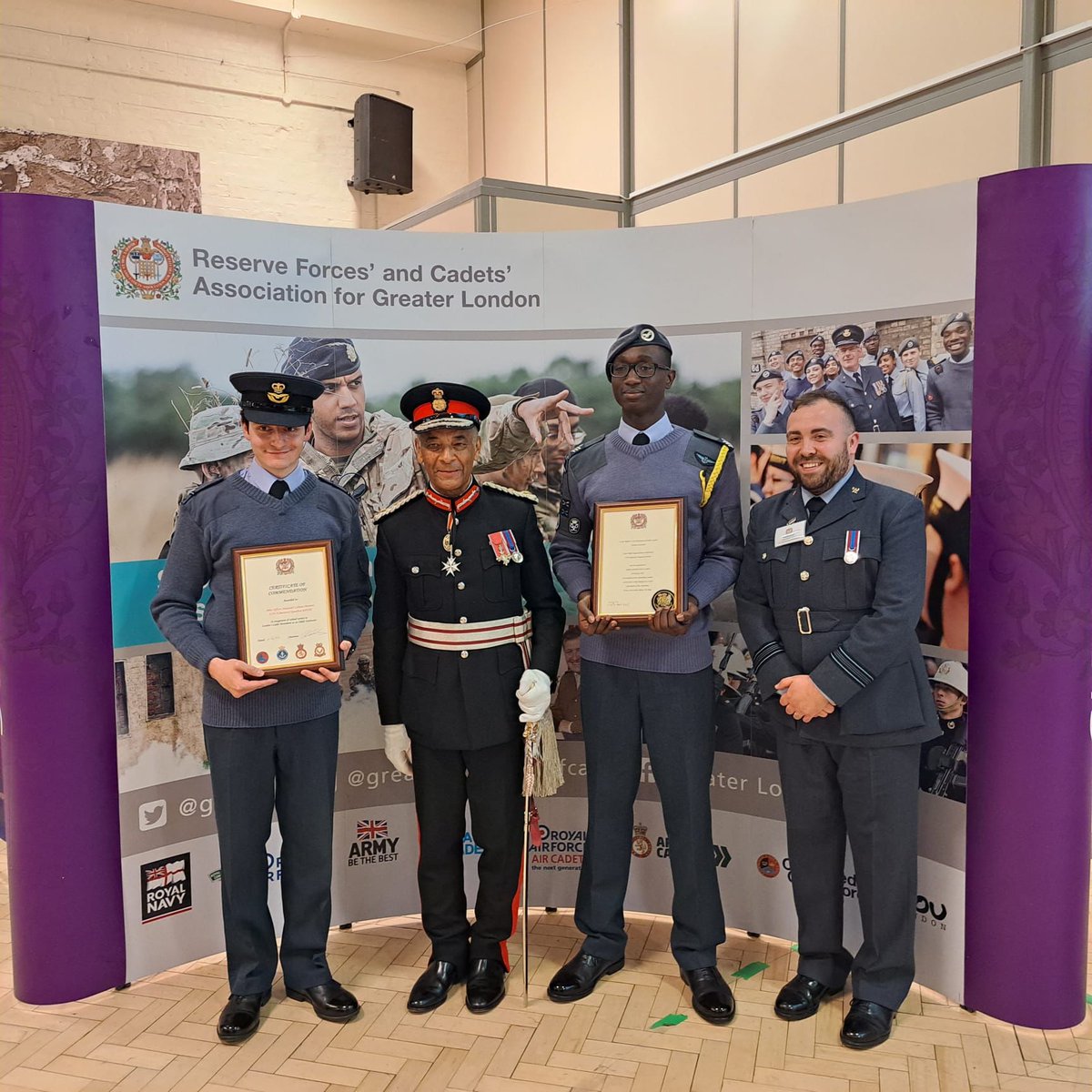 "I had the pleasure of attending the <a href="/GLRFCA/">Greater London RFCA</a> Awards Evening, on behalf of OC <a href="/MiddlesexATC/">Middlesex Wing RAFAC</a>, to proudly see <a href="/KenOlisa_LLofGL/">Sir Kenneth Olisa</a> appoint CFS Johnson as his Lord Lieutenant Cadet for 2023 and award Fg Off Lebeau-Montero a Certificate of Commendation last night!" - OC 1159 Sqn