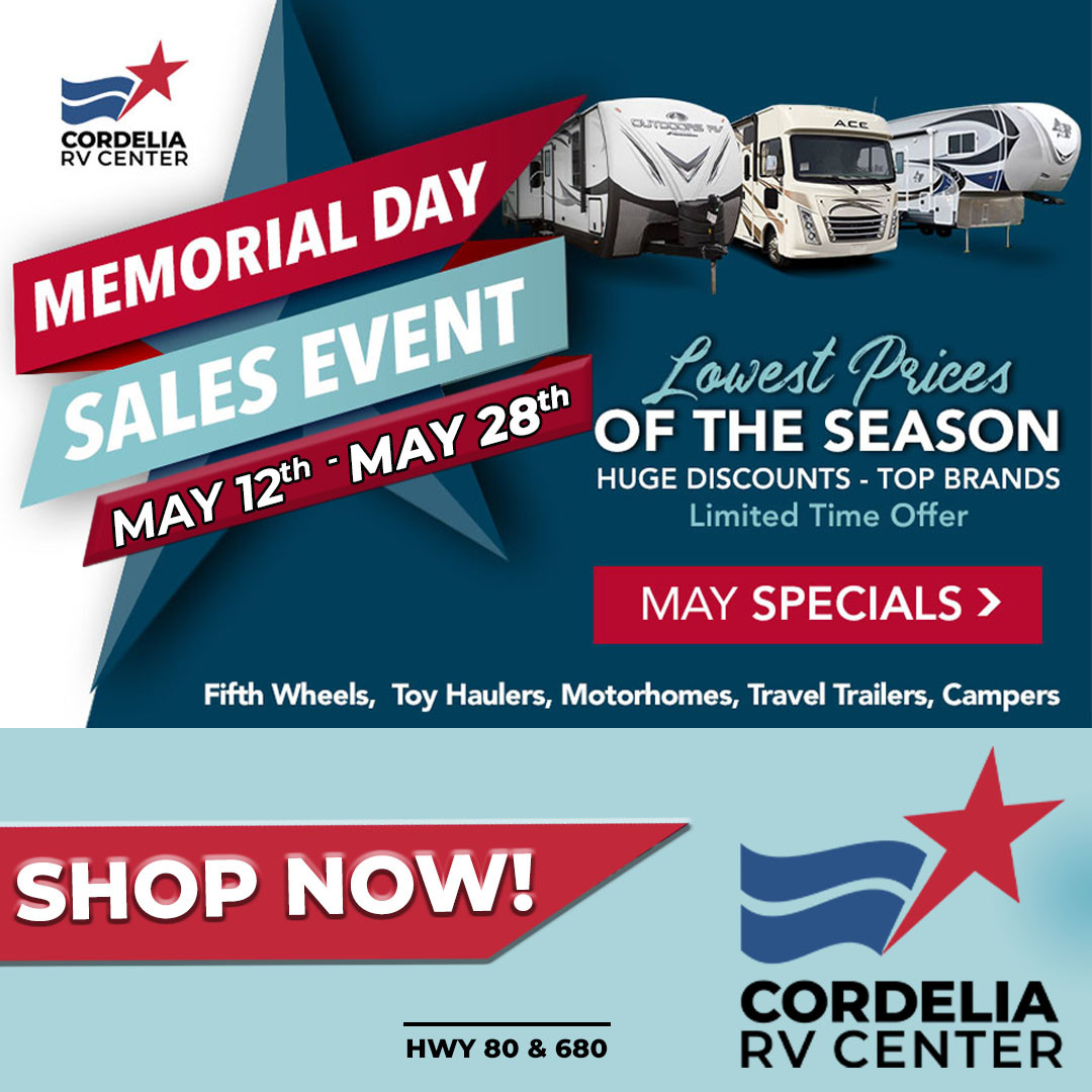 🎆 Kick off your Memorial Day celebrations with a new #RV!  🚃💨 Discover yours today at Cordelia RV Center! ➡️ cordeliarv.com

#MemorialDay #SalesEvent #RVSale #Camper #Motorhome #ToyHauler #FifthWheel #TravelTrailer #TruckCamper #Camping #RVing #Adventure #Boondocking