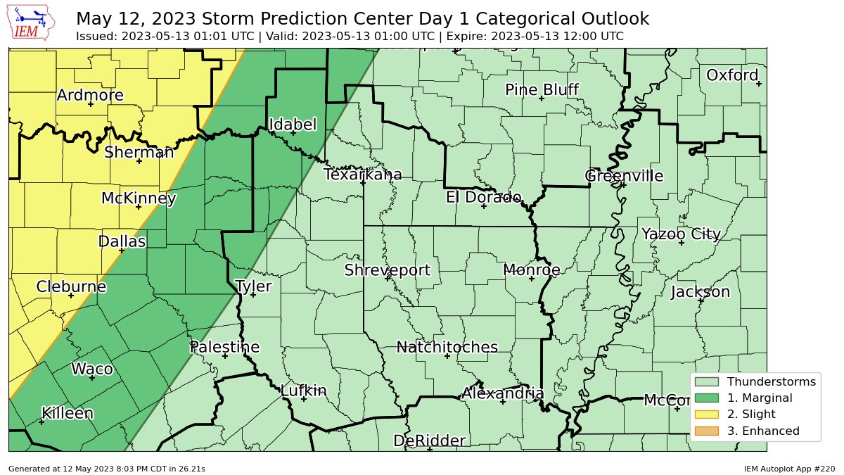 SPC issues Day 1 Marginal Convective Risk at May 13, 1:01z for SHV spc.noaa.gov/products/outlo…