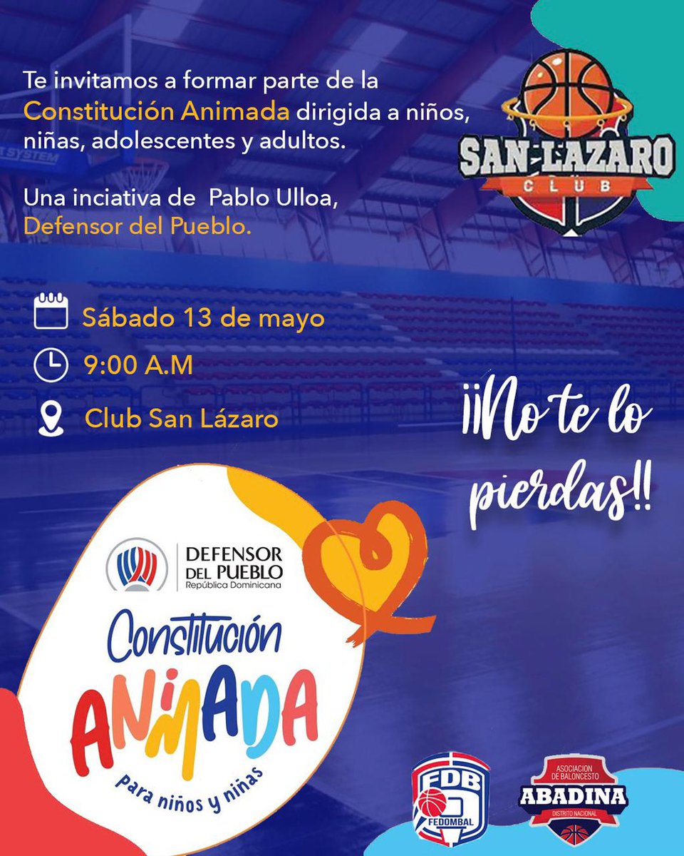 Nuestra Asociación estará presente este sábado en el <a href="/ClubSanLazaroRD/">Club San Lazaro RD</a> donde el <a href="/defensorrd/">Defensor del Pueblo</a>, Pablo Ulloa, llevará la Constitución Animada y compartirá con los jóvenes atletas, padres, entrenadores y directivos. Hora:9:00 am.