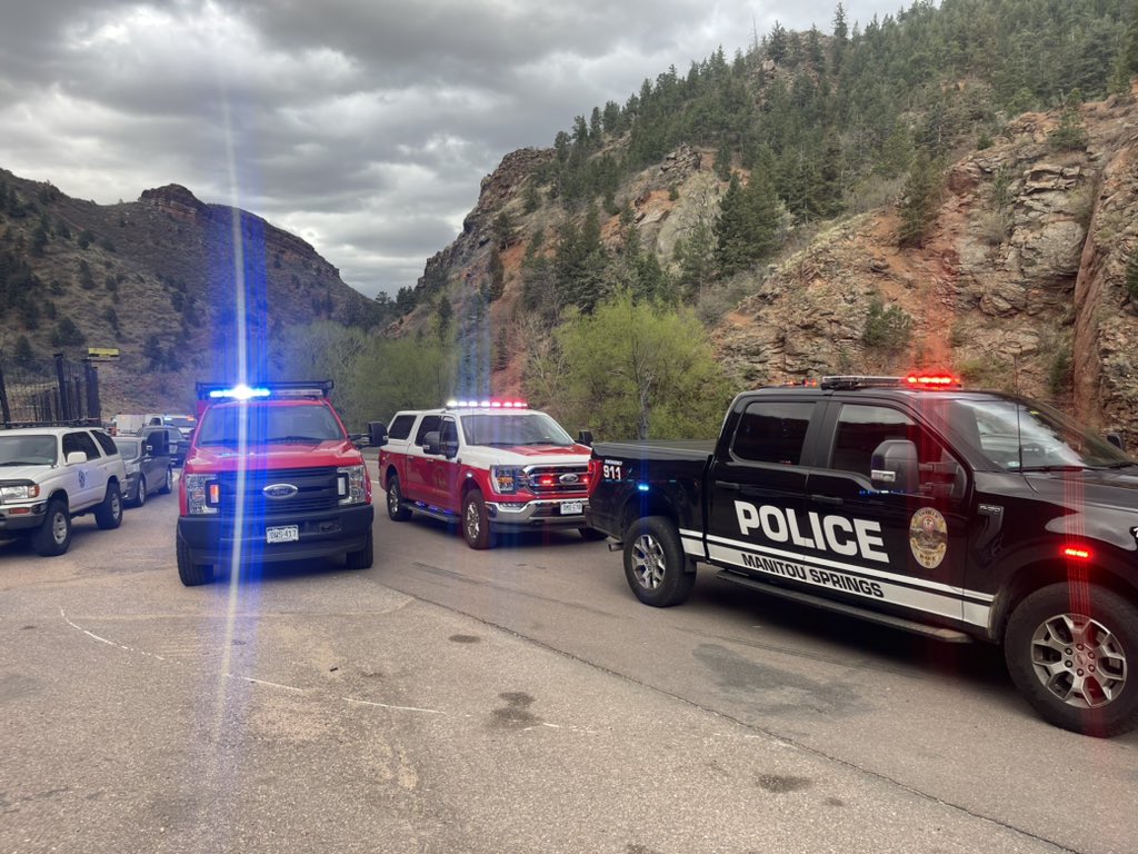 CSFDPIO's tweet image. #ColoradoSpringsFire on scene of a #highangle #swiftwater rescue near Cave of The Winds. An individual is trapped by moving water in the canyon. CSFD is assisting @MSFD_PIO and @EPCSAR with the rescue and drone operations.