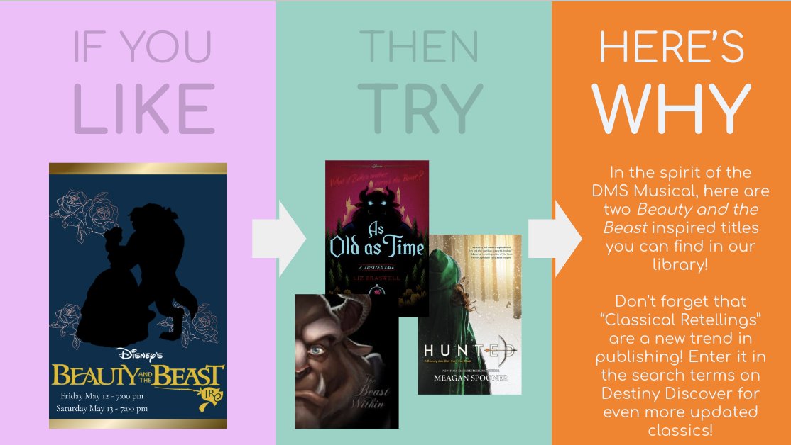 If you missed tonight's performance of @Duxbury_MS  Beauty and the Beast, you can still be our guest and catch it tomorrow! If you can't make it, you can experience the joy in one of these great finds from our library! #booktok #happyreading #schoollibrary #nextgreatread