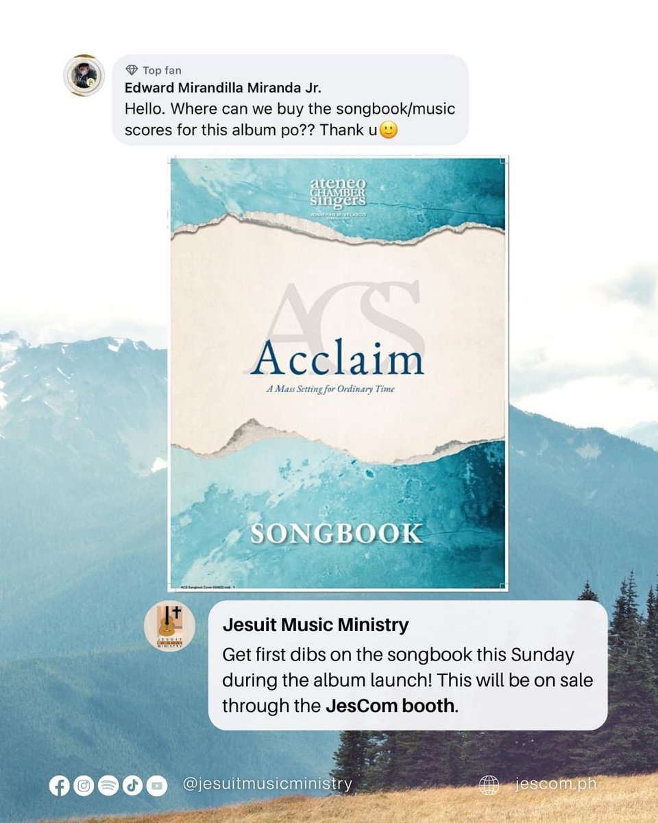 JesuitMusicPH's tweet photo. The Acclaim songbook will be available during the "Acclaim" album launch by the Ateneo Chamber Singers! Just look for the JesCom booth. See you all tomorrow, 2:30pm at the Church of Gesu, Ateneo de Manila University.

#jmm #jesuitmusicministry #Acclaim #moreACS https://t.co/81TZeGUtny