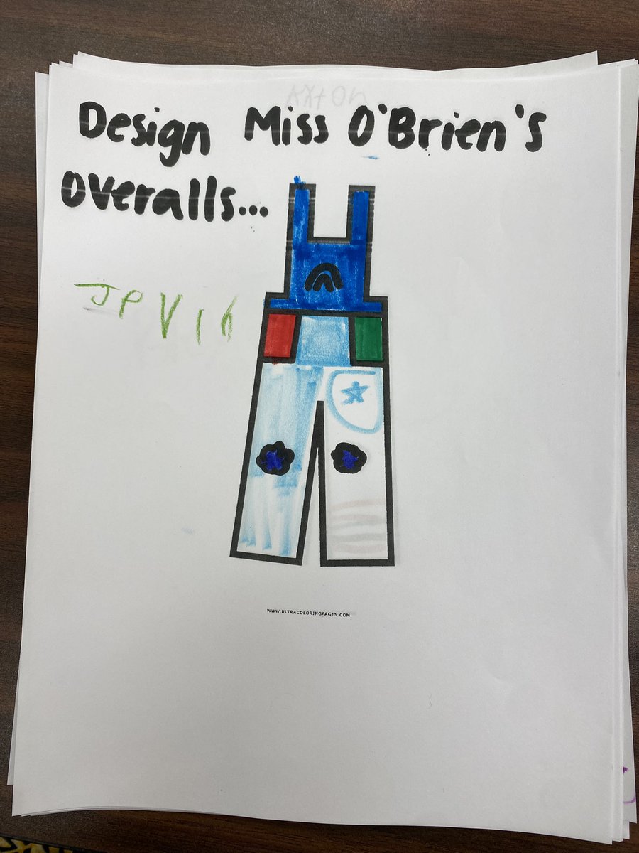 MissOBrien_PES's tweet photo. On art day, I wore white overalls and had my students draw a design that they would like on them. The following day, they were able to actually draw on them! 1E has some artists in it!🖌️🎨 https://t.co/shFAcShVPS