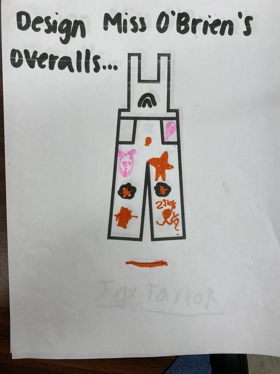 MissOBrien_PES's tweet photo. On art day, I wore white overalls and had my students draw a design that they would like on them. The following day, they were able to actually draw on them! 1E has some artists in it!🖌️🎨 https://t.co/shFAcShVPS