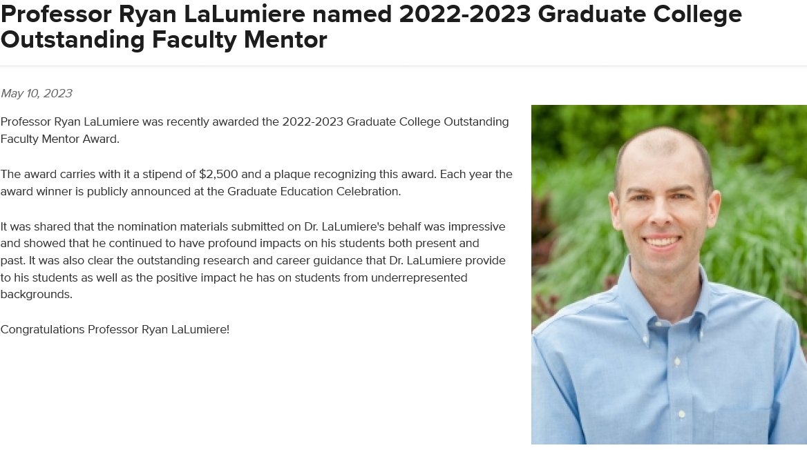 Ryan LaLumiere (@lalumiereryan) on Twitter photo I am deeply honored by this award. Working with grad students is, in all honesty, the best part of this job and is what makes science fun! Thanks, @nett_kelle @MaryLHuff @CaitlinCosme @bess_glickman <a href="/lex_zim/">Alexa Zimbelman</a> <a href="/aspen_holm/">Aspen Holm</a> <a href="/ShionKabasele/">Shion Kabasele</a> I am deeply honored by this award. Working with grad students is, in all honesty, the best part of this job and is what makes science fun! Thanks, @nett_kelle @MaryLHuff @CaitlinCosme @bess_glickman <a href="/lex_zim/">Alexa Zimbelman</a> <a href="/aspen_holm/">Aspen Holm</a> <a href="/ShionKabasele/">Shion Kabasele</a>