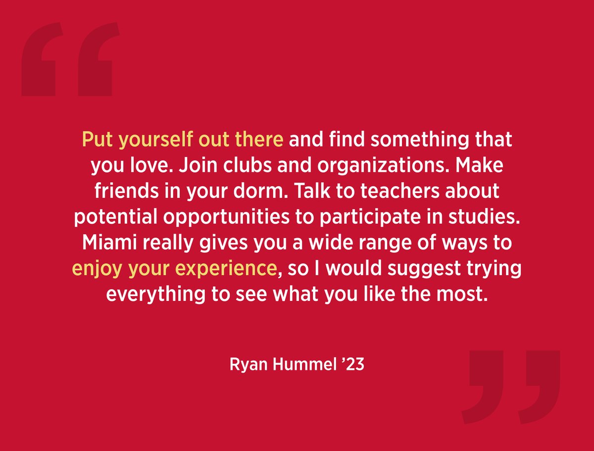 miamiuniversity's tweet photo. Meet Senior Ryan Hummel. Ryan ‘23 majors in kinesiology. Here’s his advice for first-year students. #SeniorSpotlight #MiamiOHGrad #LoveAndHonor https://t.co/Rz8YdvRqJB