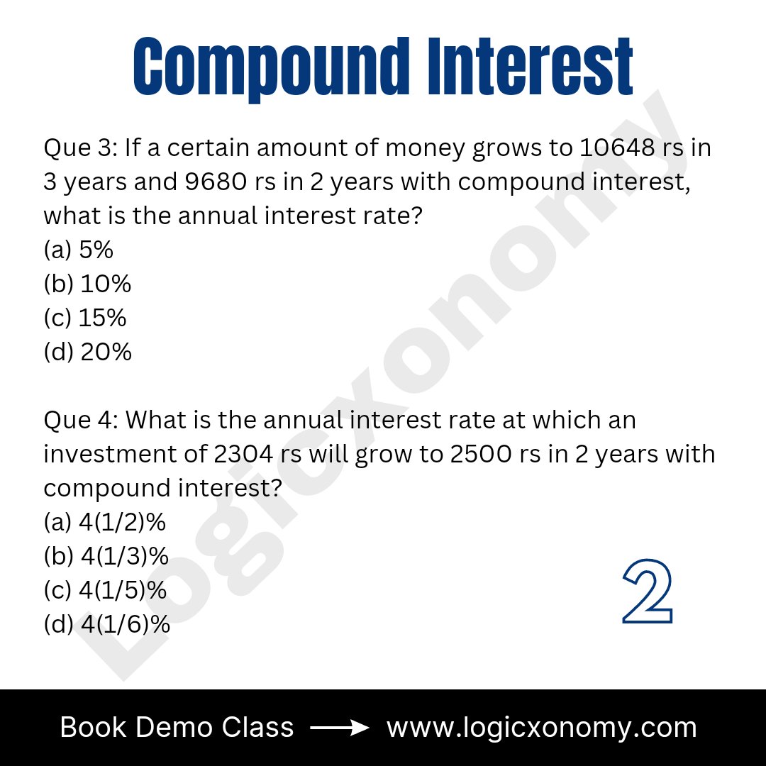 logicxonomy's tweet image. Simple interest and Compound interest MCQs
logicxonomy.com
Book demo class now
#logicxonomy #mathtricks #CAT2023