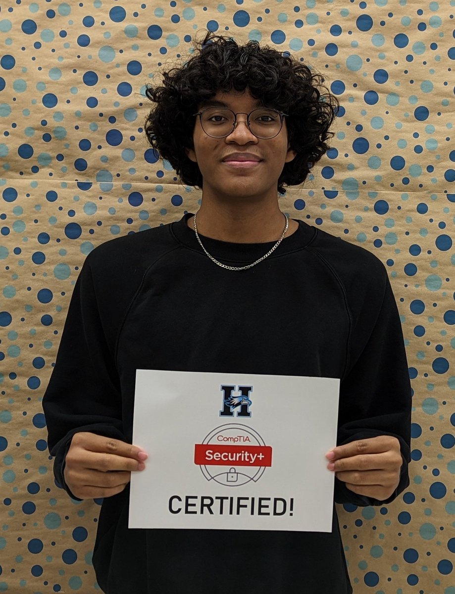 HarlanCyber's tweet photo. Woot! Woot! Let's celebrate Nic earning his @CompTIA Security+ certification! @NISDHarlan @NISD_CTE https://t.co/gFDyaXIkUo