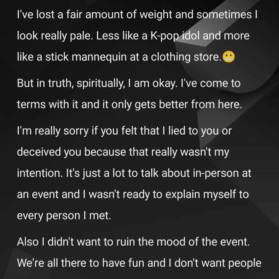takogals's tweet photo. This is a doozy of a post.

Initially I wanted to keep quiet about it but as part of the recovery process I have to let people know. I can't be acting weird all the time in front of my friends 😅 https://t.co/OQcZWNf4Qo