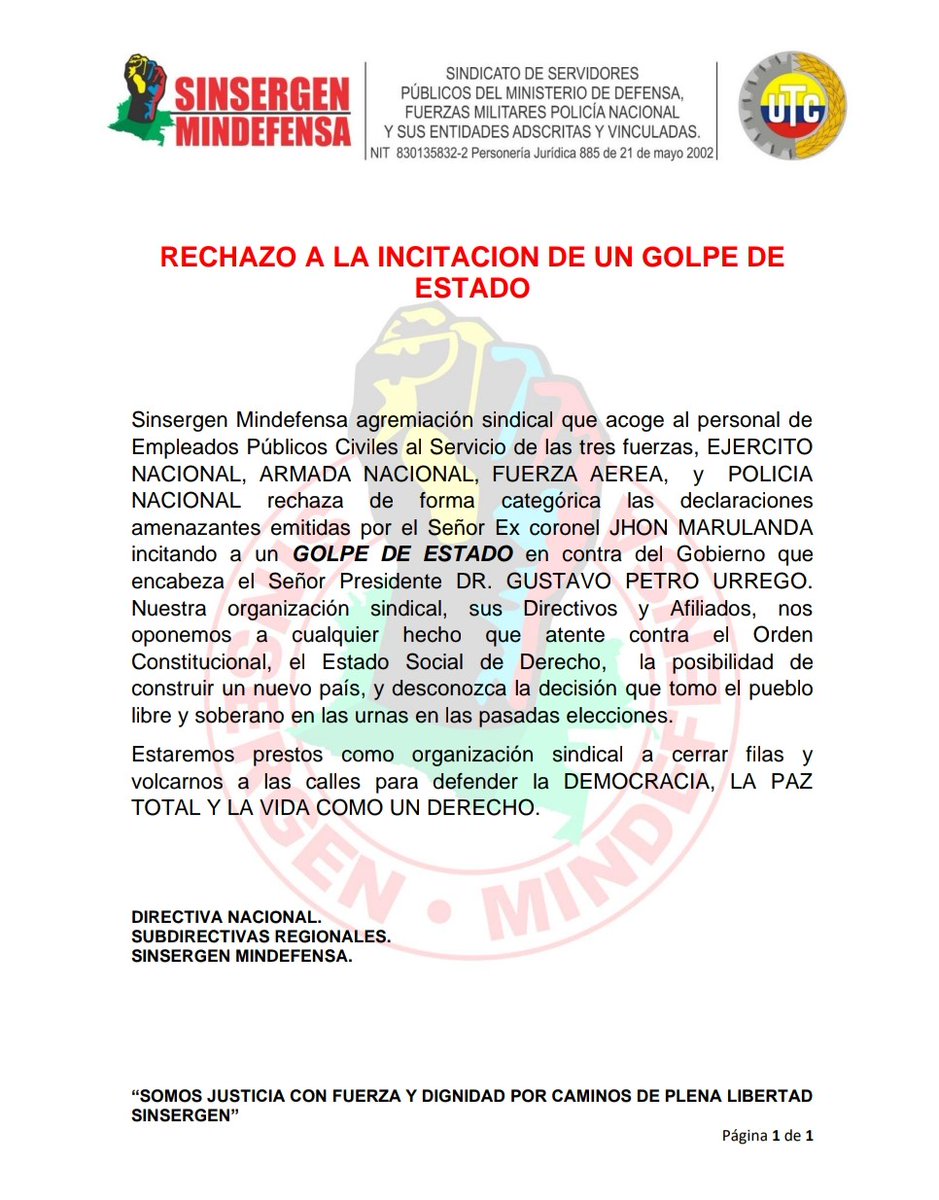 sinsergen's tweet photo. @petrogustavo apoyamos totalmente su gobierno, la democracia es el bastión más fuerte que tiene nuestra república, llegó la hora del cambio y este solo se dará trabajando mancomunadamente por la paz y el bienestar de los coasociados del estado en perjuicio de los violentos. https://t.co/h45ZqoNlW9