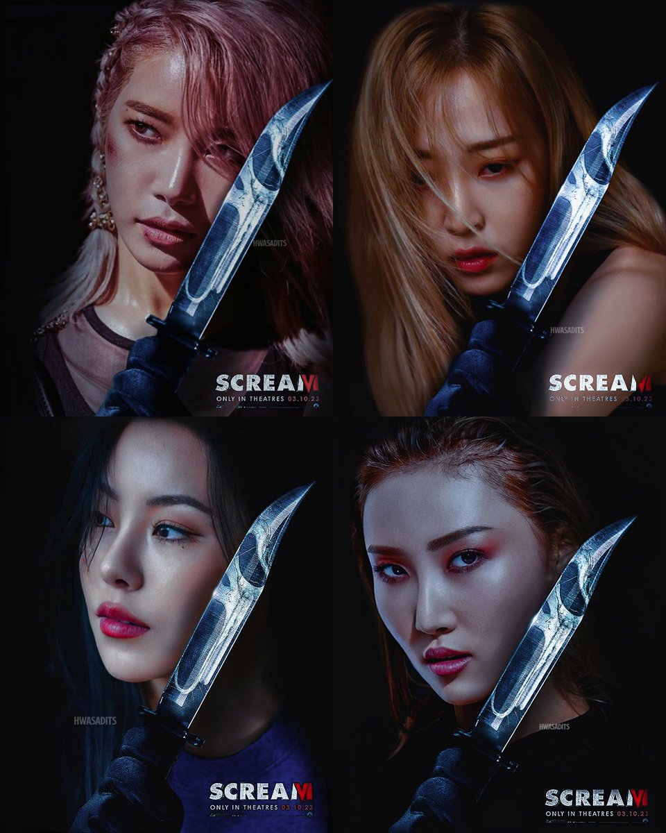 moonbtea's tweet photo. MAMAMOO X Scream VI (posters) by @hwasadits 🔪 #ScreamVI https://t.co/wDt1hsncDp