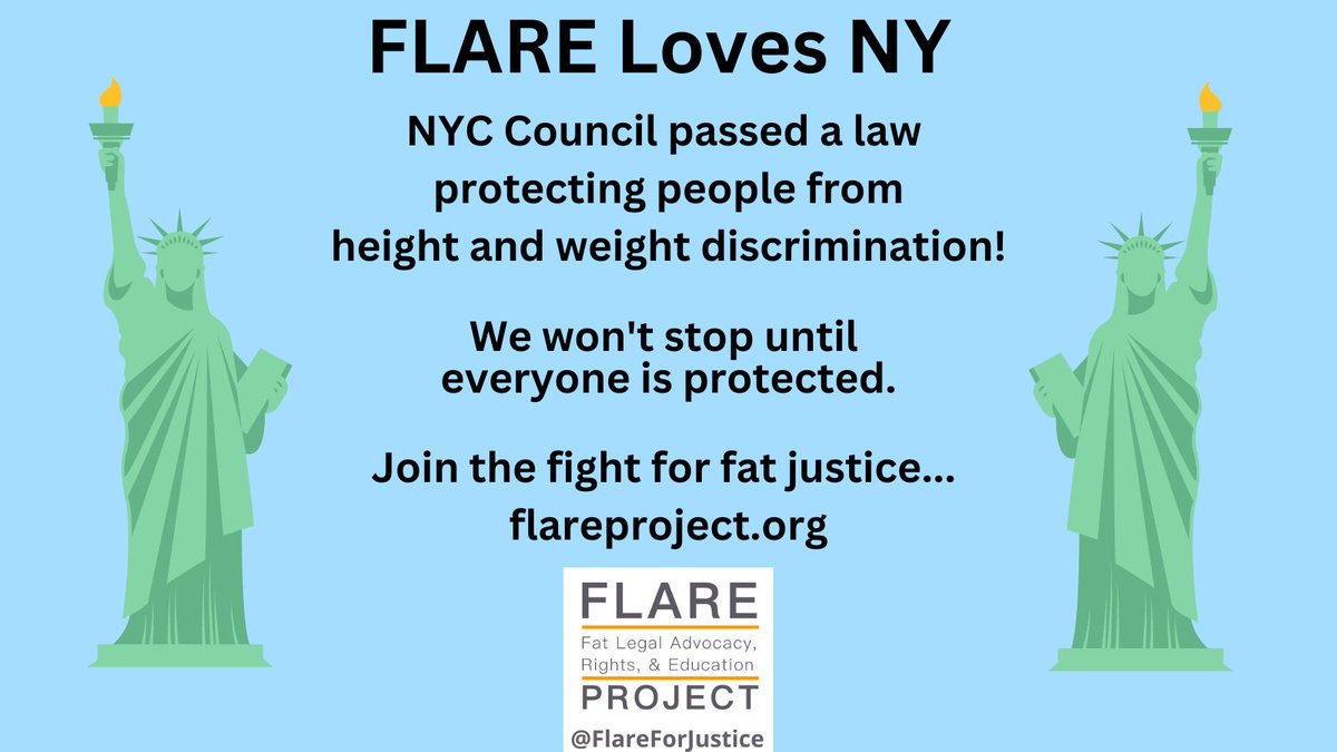 We are honored to have worked w/ <a href="/RWDSU/">RWDSU</a> @NAAFAOfficial <a href="/Dove/">Dove</a> <a href="/CMShaunAbreu/">Council Member Shaun Abreu</a>, <a href="/CMNantashaW/">Nantasha Williams</a> &amp; everyone who encouraged <a href="/NYCCouncil/">New York City Council</a>  to pass INT-0209 for #SizeFreedom! 
There is more work to do! Go to FlareProject.org to learn more &amp; get involved in the #CampaignForSizeFreedom