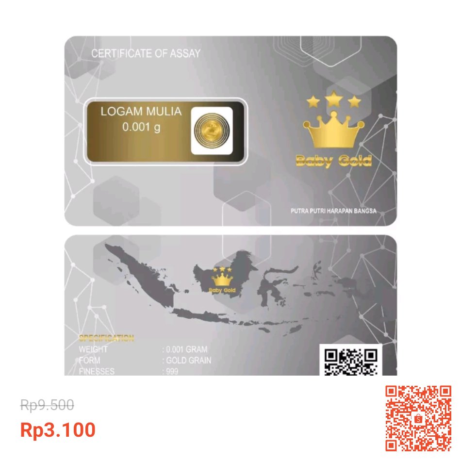 bukan_robocop's tweet photo. BabyGold Baby Gold 0.001gr 0,001 gr 0.001 g gram Logam Mulia Asli Emas Murni Mini Gold Minigold dengan potongan 67%! Hanya Rp3.100 https://t.co/4MpG4rwrtP #ShopeeID https://t.co/1xAWOOp1BQ