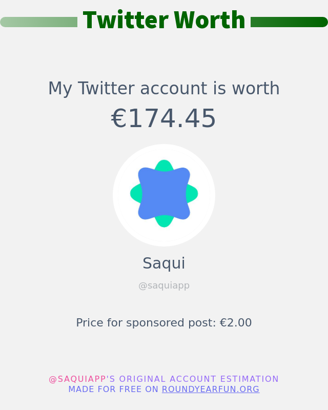 saquiapp's tweet photo. Mi valor en Twitter es de: €174.45

➡️ https://t.co/S5QbxJVD7E https://t.co/VtDvfcwmZX