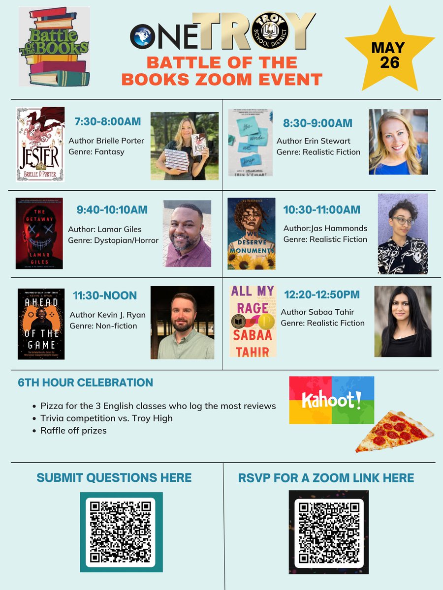 This year's Battle of the Books event is 2 weeks from today! 😍📚 SO excited to chat with <a href="/wheresKR/">Kevin J. Ryan</a> , @LRGiles , <a href="/briellums/">Brielle Porter</a>, <a href="/Erin_N_Stewart/">Erin Stewart</a> , <a href="/delane/">Delane Parnell</a> , Jas Hammonds, and National Book Award winner Sabaa Tahir!!  Details below! <a href="/troy_athens/">Troy Athens High School</a> Special thanks to <a href="/athens_pto/">Athens PTO</a>!