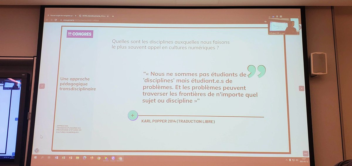 ColloqueTD's tweet photo. #AcfasC658 « Les étudiant-e-s contribuent à l’édification du cours avec les professeur-e-s ». Hela Zahar, professeure agrégée @universiteON, responsable du Pôle Culture numériques montre comment la #transdisciplinarité lui permet de faire le lien entre théorie et pratique. https://t.co/mbfVILiZ6e