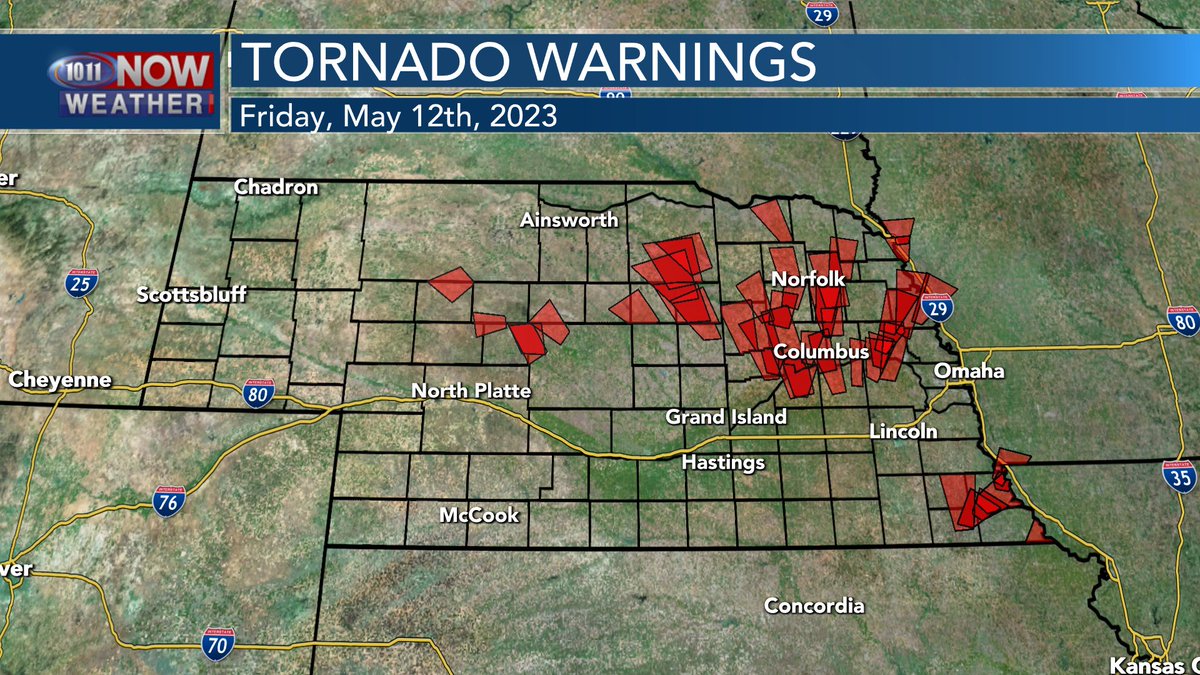 Here's a map of the all the tornado warnings issued on Friday.

In total, there were 50 tornado warnings issued. According to data from <a href="/akrherz/">daryl herzmann</a> and the IEM, that's the highest number of tornado warnings issued in one day in Nebraska. Those records go back to 1986. #NEwx