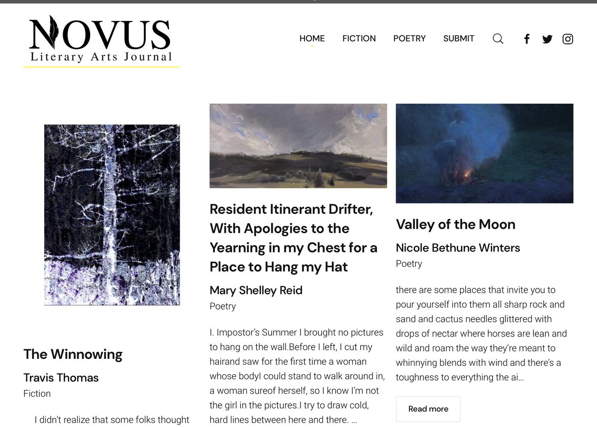 NovusLit's tweet photo. The Spring 2023 Digital Edition of Novus Literary Arts Journal is now LIVE and launched! Check it out: poetry by Matthew Carey Salyer, Gabe Welsch, and more, plus fine art by Seth Tummins &amp; Melissa Wang. #litmag #literaryjournal #literarymagazine #writing #art #WritingCommnunity https://t.co/TJgQbKMlgr