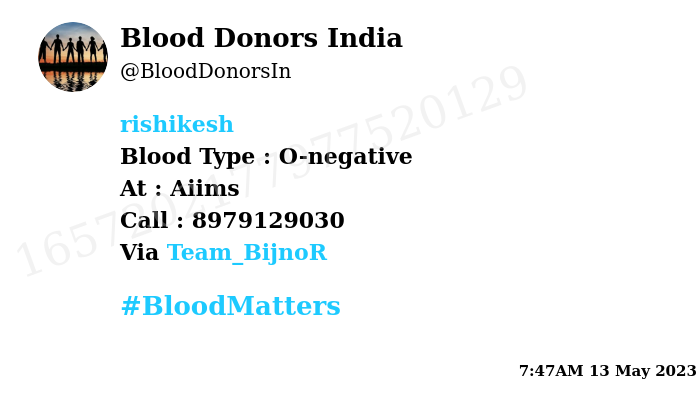 #SOS
#Rishikesh
Need #Blood Type :  O-negative
Blood Component : Blood 
Number of Units : 2
Primary Number : 8979129030
Secondary Number : 8923894596
Patient : Sonam
Illness : Pregnancy
Via: <a href="/Team_BijnoR/">टीम बिजनौर</a>
#BloodMatters