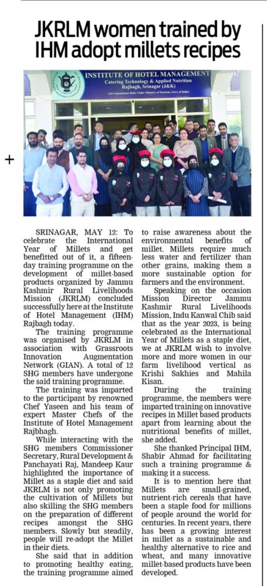 JK_NRLM's tweet photo. To celebrate the International year of Millets and get benefitted out of it ,a 15 day training  programme on development of  millet-based products organised by the Mission (JKRLM) concluded successfully at IHM Rajbagh.
Read more:  https://t.co/yrWcWfvcLM https://t.co/zhahxNe09s