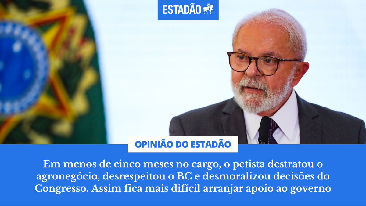 Estadao's tweet photo. EDITORIAL: ‘Lula está atrapalhando o governo’ – Com atitudes levianas, Lula se torna o principal responsável pelas agruras por que tem passado o governo nesses meses iniciais (via @opiniao_estadao) https://t.co/o7WJpk4mEQ https://t.co/uU8tSY60AN