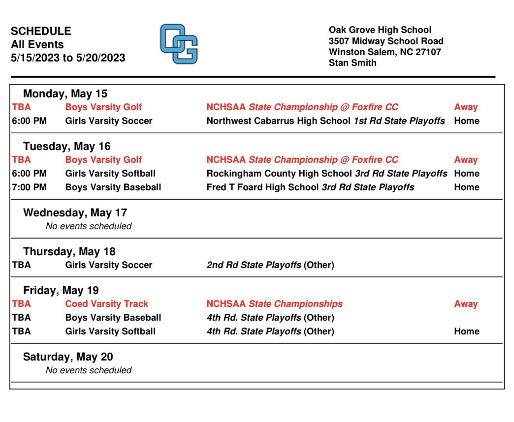 SCHEDULE: ⚾️ 🥎 ⛳️ 👟 ⚽️ 

Lots of postseason action next week at the Grove!! #beardown 🏆🥇

@baseball_oghs @SoftballOGHS @OGHSGirlsSoccer @OGXCTF @OGCoachE @oakgroveden @OakGroveHS @lexdispatch @HPEmichael @WFMYhss