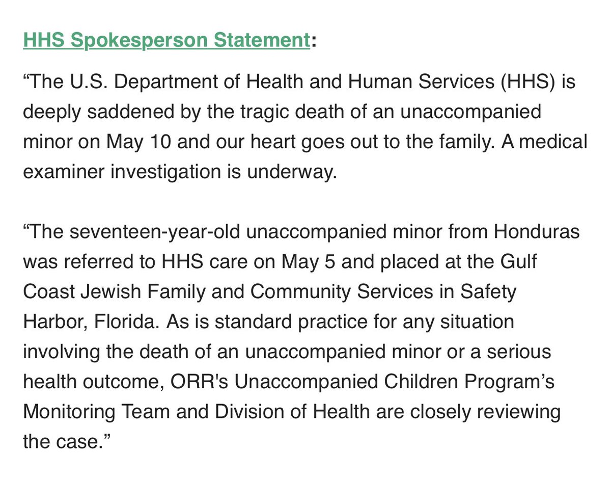 AliBradleyTV's tweet photo. FL: A 17-year-old migrant from Honduras died Wednesday while in the care of the Office of Refugee Resettlement. Sources tell me he was in HHS custody for 5 days. He has been identified by the Honduran secretary of foreign affairs, @EnriqueReinaHN as Ángel Eduardo Maradiaga Espinoza. 

Reina is calling for an "exhaustive investigation" into the death. He says the government of Honduras is working with the U.S. embassy to contact the family. 

He was reportedly found unconscious at a migrant shelter in Safety Harbor, Florida—Resuscitation attempts at a local hospital were unsuccessful—He was pronounced dead at a local hospital. A medical investigation was opened on the 10th according to @PressSec 

@CNN reports that this is the 2nd death of an unaccompanied minor in the custody of HHS since March, according to a congressional notice obtained by the network.