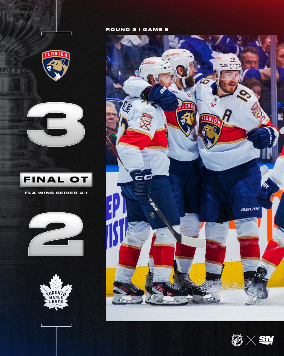 Sportsnet's tweet image. IT&apos;S ALWAYS SUNNY IN PANTHERVILLE. ☀️

The @FlaPanthers eliminate the Leafs in five games to advance to the Eastern Conference Finals.