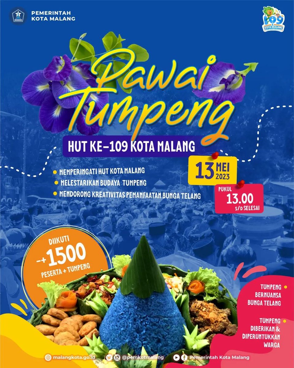 cityguide911fm's tweet photo. #nawakngalam Pawai Tumpeng dalam rangka HUT ke-109 Kota Malang sekaligus melestarikan tradisi tumpengan yang sarat makna akan digelar pada Sabtu, 13 Mei 2023 mulai pukul 13.00 WIB s.d selesai.

#Malang109 #109KotaMalang #PawaiTumpeng #eventmalang #tumpeng #tumpengmalang https://t.co/75NoaCsbME