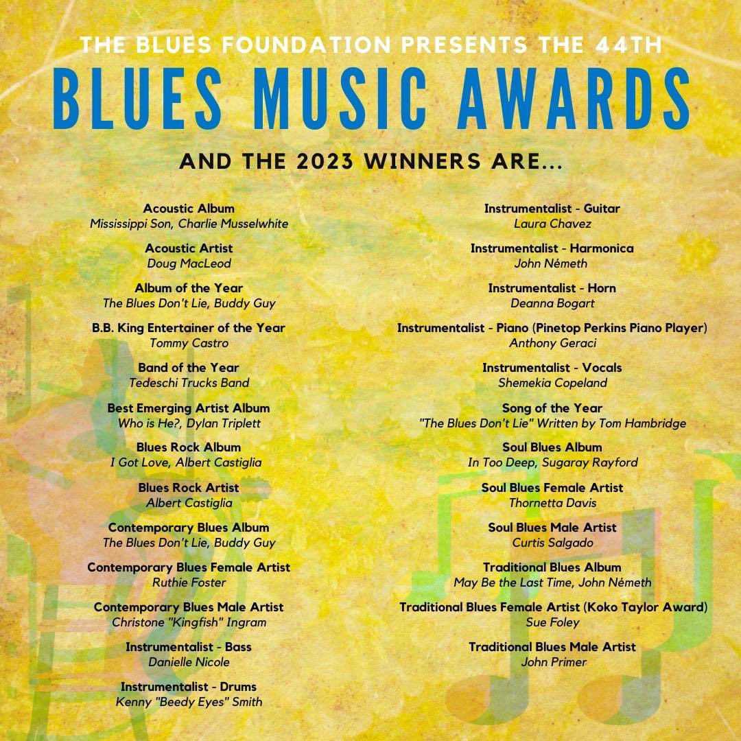 LivingBlues's tweet photo. The Blues Foundation hosted the 44th Blues Music Awards in Memphis, Tennessee last night. Here are the winners from this year’s ceremony. 

For more information, visit https://t.co/VrMOx6GFTW. https://t.co/JtxcpOK8It
