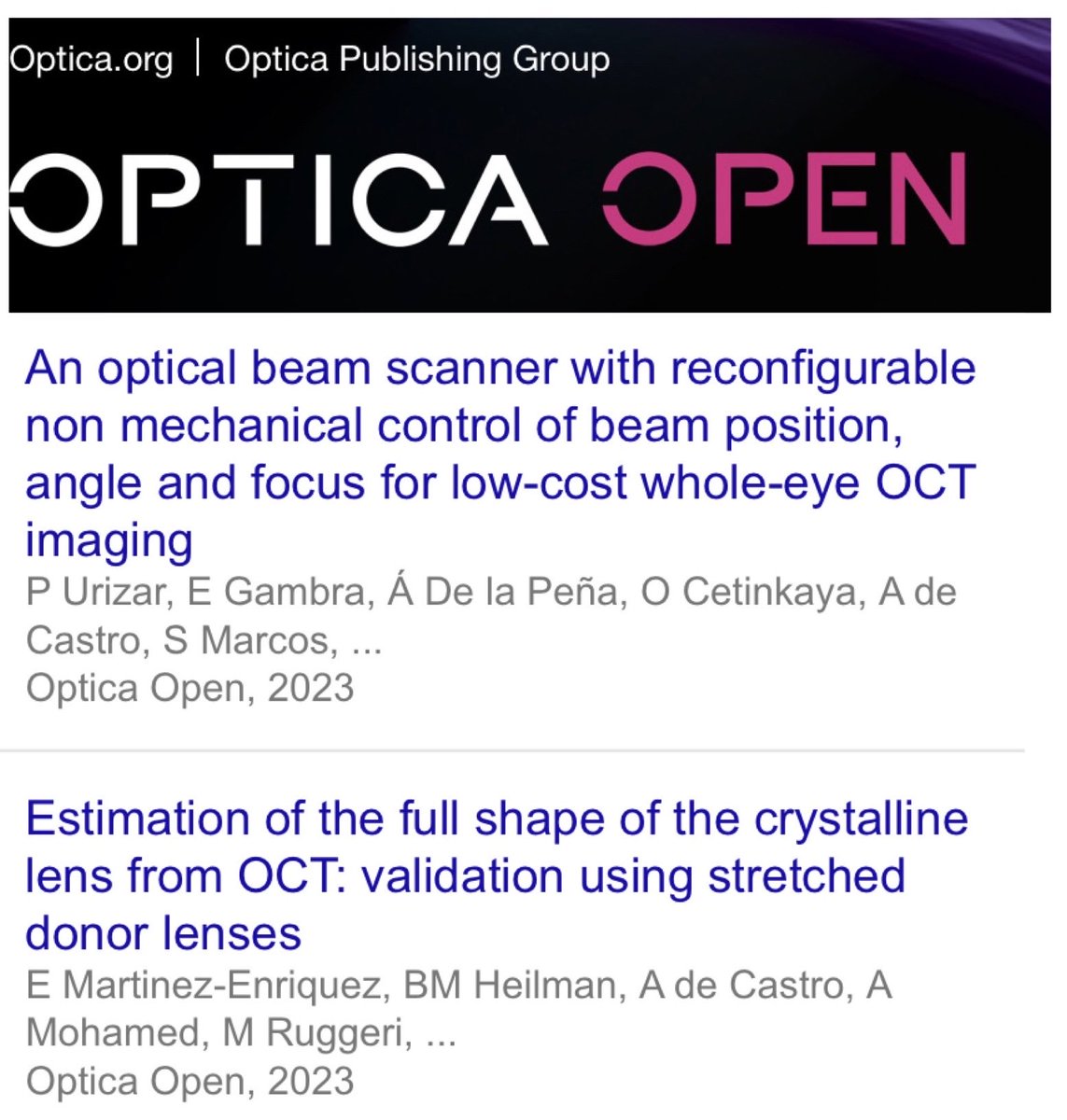 MarcoslabUr's tweet photo. We are choosing to submit our papers vía #OpticaOpen &amp; make them available from time zero;  ⁦@OpticaPubsGroup⁩ ⁦@OpticaWorldwide⁩. One already published in #Optica_BOEx. Check the last two 👇 @MarcosLabUR @VioBIo_Lab ⁦@ICTER_PL⁩ ⁦@BascomPalmerEye⁩ https://t.co/Jt0CEhImAV