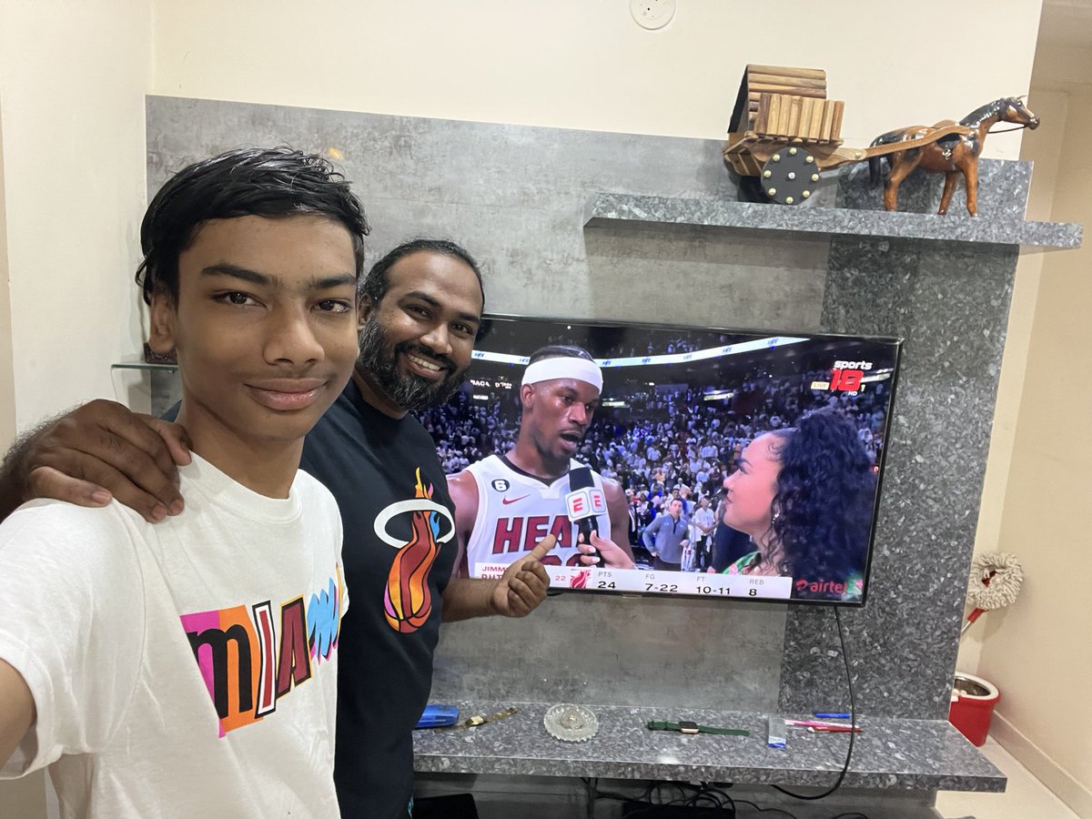SVarry9's tweet photo. Been waking up with my nephew in India at 5:30am to watch @MiamiHEAT games but here we are!! Heading to ECF again against all odds! I want him to have these memories! #HEATCulture #HeatinIndia #NBAFinals https://t.co/4E4BnRSO00