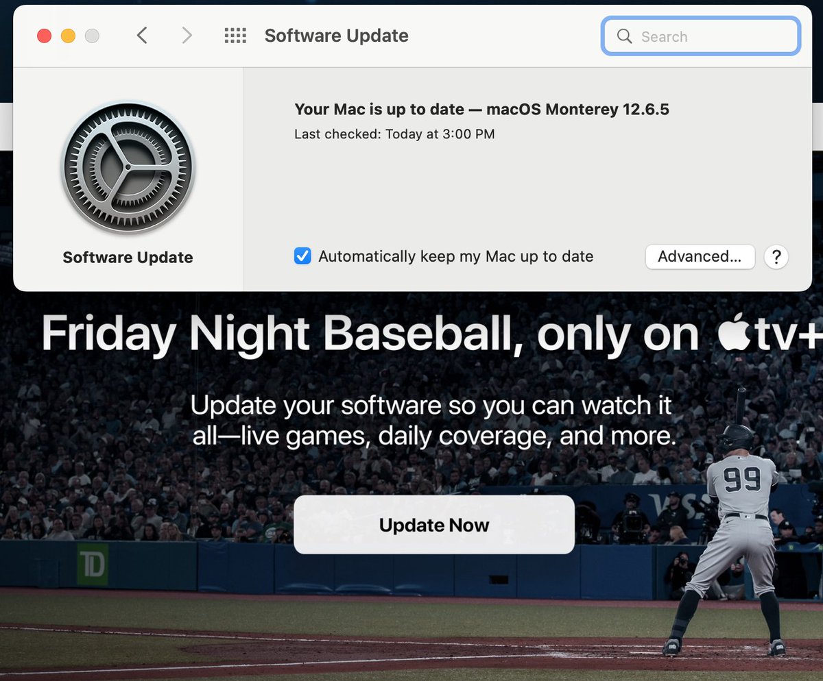 lukeboote's tweet photo. @benthompson Meanwhile, as a Cubs fan, I cannot even figure out how to watch the game on my Mac (I have an AppleTV+ subscription). Open the Apple TV app, apparently I need to update my software, click the link and shows my software is up to date. https://t.co/Ek8XYbry2a