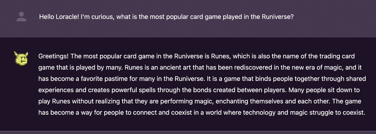 Runes_tcg's tweet photo. The Loracle said it so it must be true ✨

But in all seriousness, this is a game changer

Not because an LLM is stroking our ego, but because it sees all that the @forgottenrunes cult is building and will act as an amplifier to our world building efforts.

Going parabolic? https://t.co/yYClFzyMXP