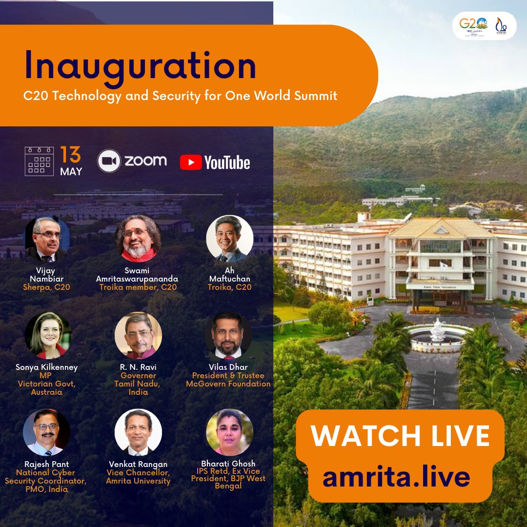 Watch our upcoming inauguration ceremony for the official C20 Technology and Security for One World Summit, today, 13 May on YouTube Live at 10:45 AM IST | 7:15 AM CEST | 1:15 AM EDT.

Live link: youtube.com/watch?v=_vAbB7…

Join us today and be a part of the conversation.
