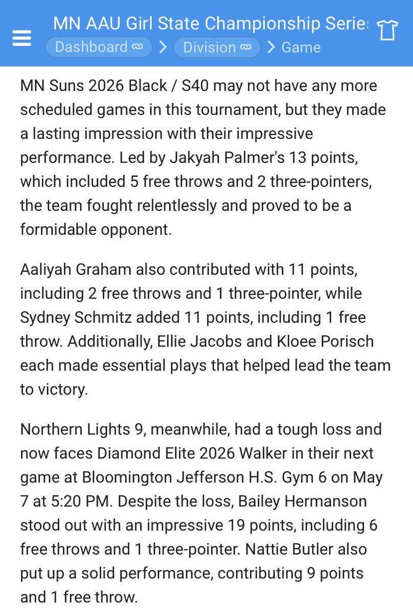 Here’s a little snippet from last weekend! Great performance by MN Suns 2026 S40 in the last game of the state prelims! 

Already had a great start to this weekend’s state championship! The girls won their first game 57-36 and are   ready to compete the rest of this weekend!🏀⛹🏽‍♀️