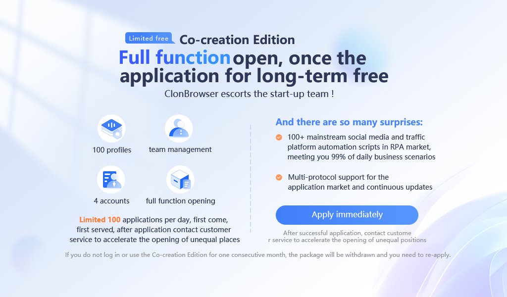 clonbrowser's tweet photo. 🥳 Anti-detect ClonBrowser Forward FREE application

💪The co-creation version we provide to users includes 100 profiles+4 sub-accounts+team management,+RPA  PlUGIN  APP marketplace.

😍We have a major update: support for Chrome and Firefox dual-core!

Come and try it out! https://t.co/dzctBkoTQC