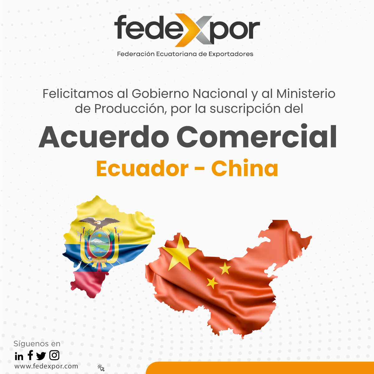 Fedexpor extiende sus felicitaciones al Presidente de la República <a href="/LassoGuillermo/">Guillermo Lasso</a> y al Ministro y Viceministro de <a href="/Produccion_Ecu/">Ministerio de Producción</a>, <a href="/pradojj/">Julio José Prado</a> y <a href="/dlegarda/">Daniel Legarda</a> por el acuerdo histórico con China, que permitirá mejorar las condiciones de acceso a nuestra oferta exportable en ese mercado.