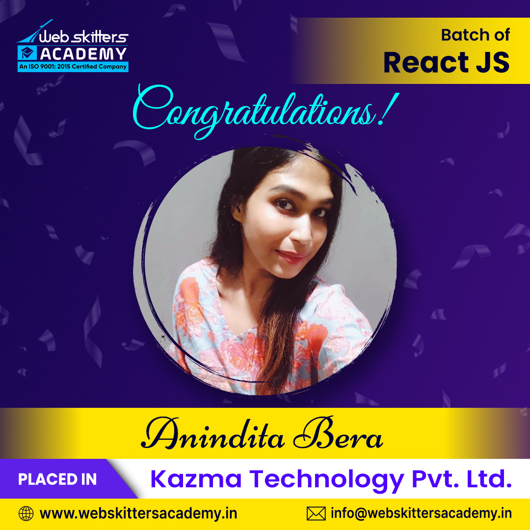WebSkitters_Edu's tweet image. Congratulations Anindita Bera!
You completed your React JS course with Webskitters Academy and have established a successful career in the industry.
All the best!
#WebskittersAcademy #WebskittersAcademyStudent #ReactJScourse #shapeyourcareer #success