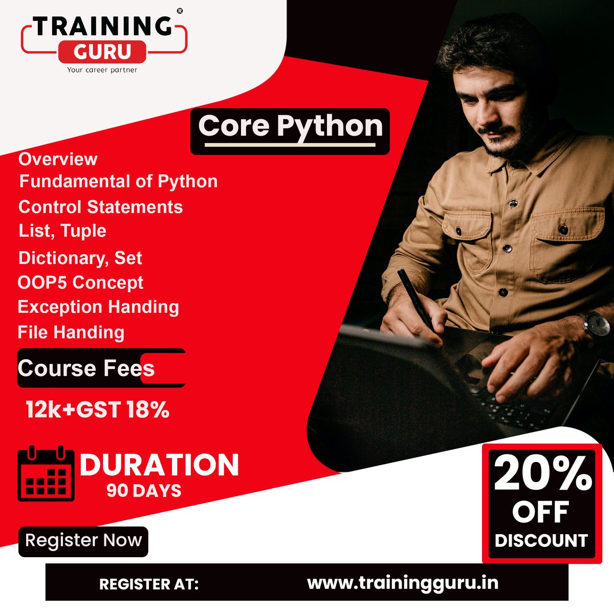 TrainingGuru18's tweet image. Unleash your coding potential with our Core Python training course. Get 20% off and become a Python pro with Training Guru!
Call: 9560077108
#CorePythonTraining #CorePythonTraininginNoida #PythonTrainingNoida #CorePythonTrainingInstitute #CorePythonTrainingCourse