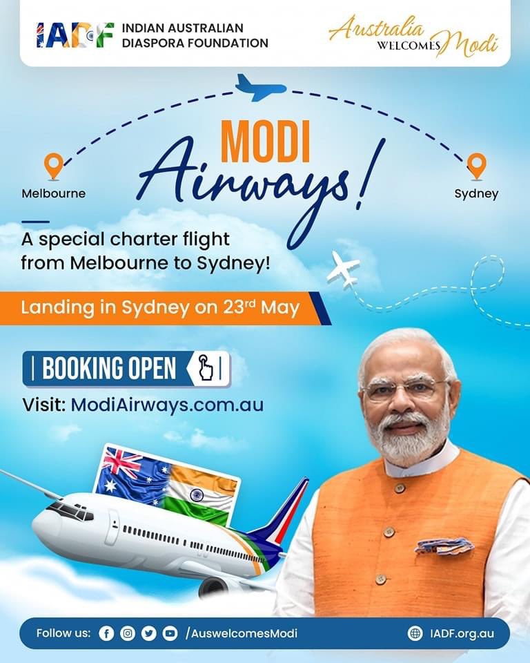 Australia is going to witness history!! First time ever, A special flight exclusively chartered by Modi fans from Melbourne to attend the community reception in Sydney. Check out <a href="/modiairways/">Modiairways</a> for more details.
#AuswelcomesModi in Style!!!!
<a href="/pmoindia/">PMO India</a> <a href="/narendramodi/">Narendra Modi</a>
