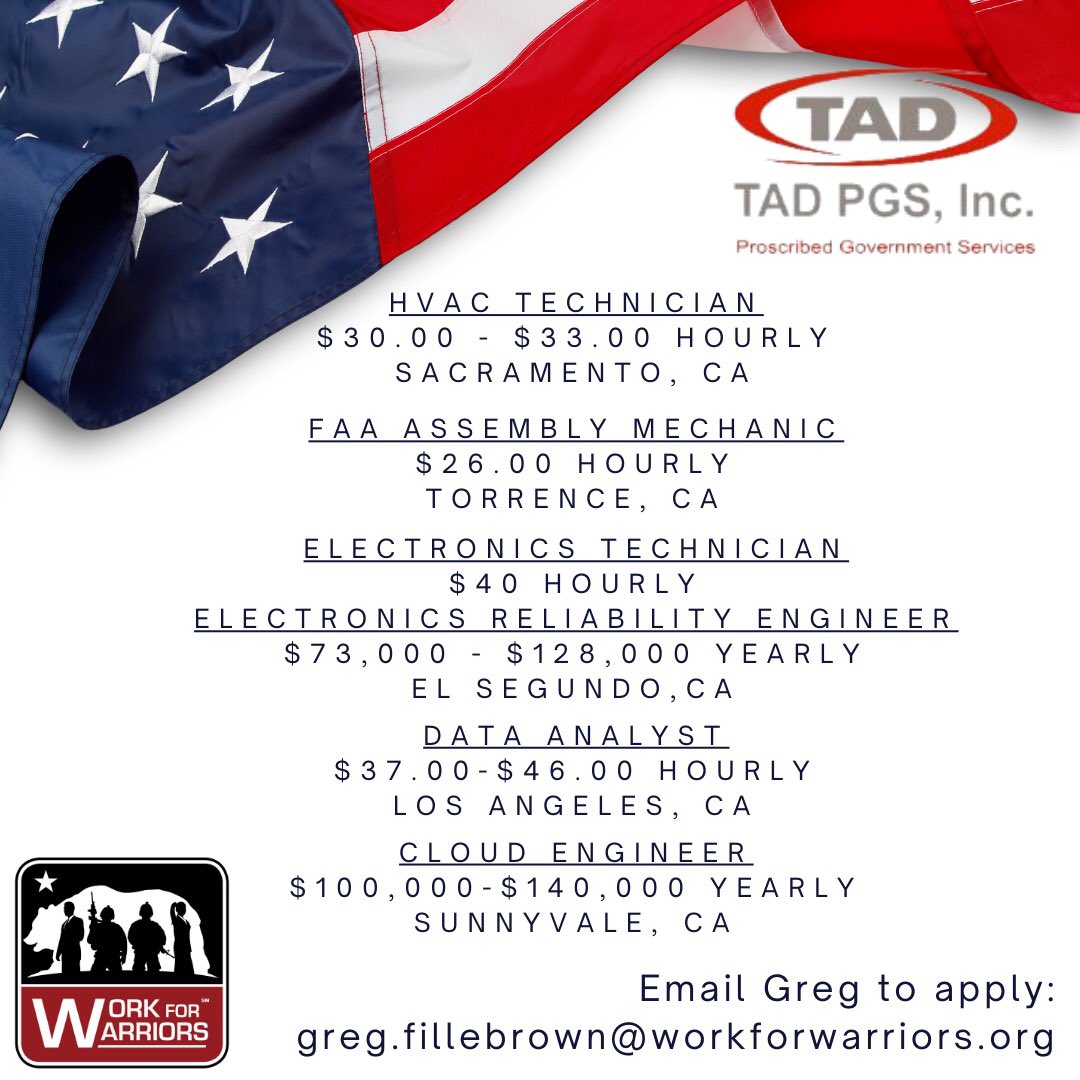 Multiple #careers throughout the state with TAD PGS! Apply by sending your resume to Greg at greg.fillebrown@workforwarriors.org  #hvac #it #mechanic #electronics #careeropportunities #workforwarriors #staffingredefined
