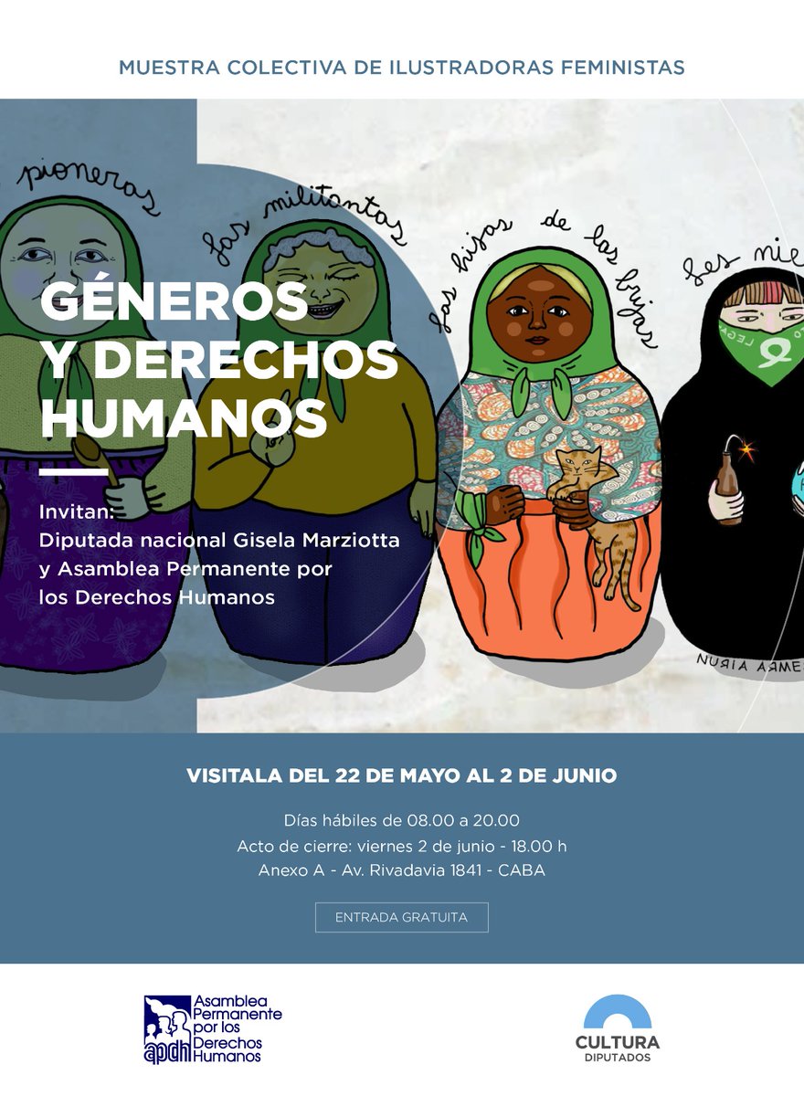 APDHArgentina's tweet photo. ▪︎MUESTRA COLECTIVA DE ILUSTRADORAS FEMINISTAS▪︎

■GÉNEROS Y DERECHOS HUMANOS■

📅 Visitala del 22 de mayo al 2 de junio.

📌 Congreso Nacional. Anexo A - Av. Rivadavia 1841. Días hábiles de 08.00 a 20.00. Acto de cierre: viernes 2 de junio - 18.00 hs. https://t.co/Wk6TeWR3wf