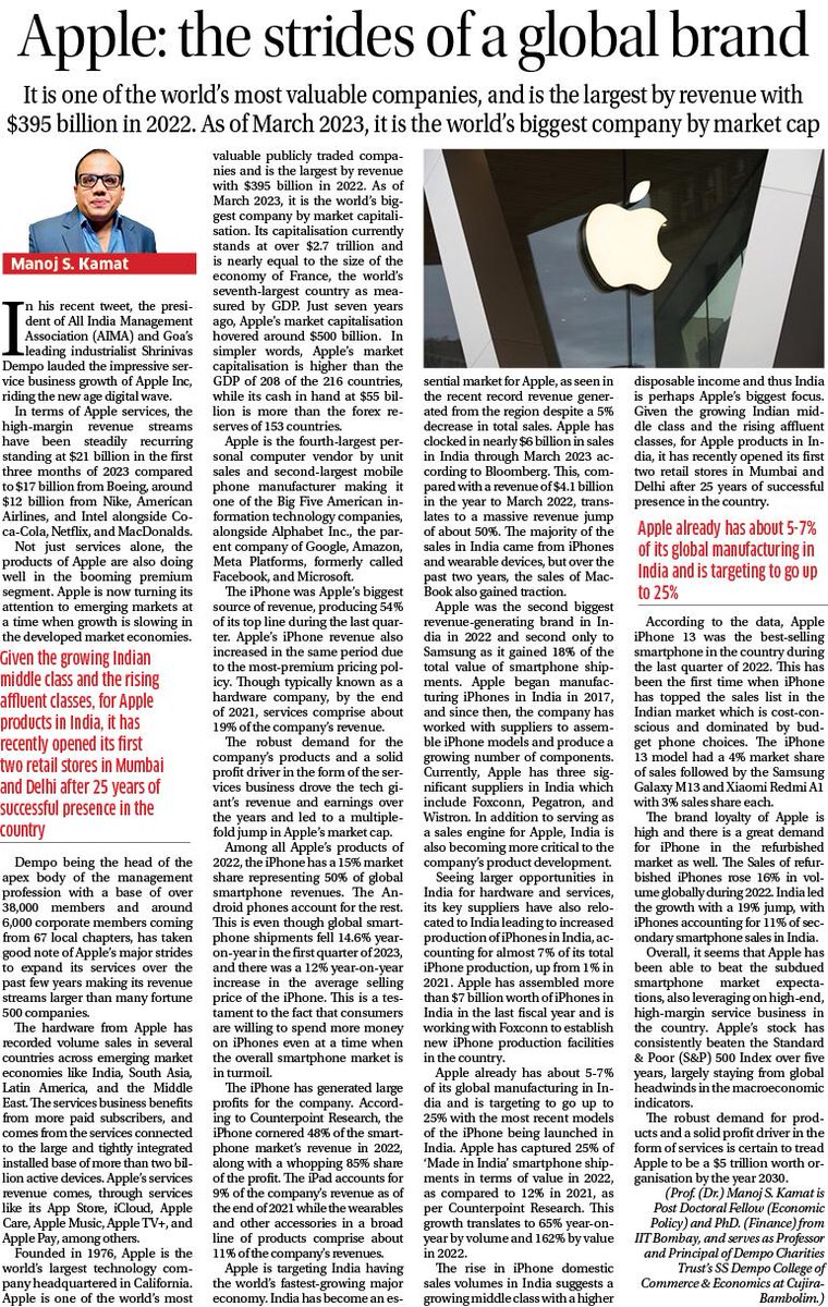 Take a glimpse into the #Economics of #Apple
The magic of #revenue to a #business and the growth of #MakeInIndia 
Our Principal, Prof. @drmanojkamat  walks us through the case study of @Apple in today's @Navhind_Times

#branding #brandloyalty #indiabusiness