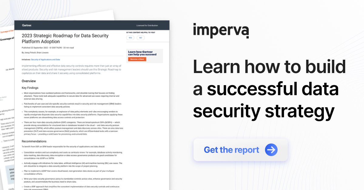 Master_Kehl's tweet photo. Why switch to a data security platform?

Read the report from @Gartner_inc to learn how your organization could benefit from consolidated data security controls.

🔗: https://t.co/7YxqvL2SjM

#DataSecurity #DataProtection #Cybersecurity #TeamImperva https://t.co/vP1Wm78mGM