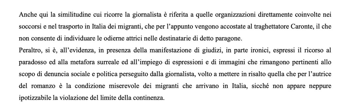 fratotolo2's tweet photo. ⚠️ Actionaid e Amnesty avevano denunciato diverse testate perché, secondo loro, avevano gettato fango sulle #ONG: nessuna diffamazione.
Nel fascicolo, compariva anche il mio libro #InfernoSpa, ripreso da @LaVeritaWeb.
Il giudice: “Peraltro, si è, all’evidenza, in presenza della manifestazione di giudizi, in parte ironici, espressi il ricorso al paradosso ed alla metafora surreale ed all’impiego di espressioni e di immagini che rimangono pertinenti allo scopo di denuncia sociale e politica perseguito dalla giornalista, volto a mettere in risalto quella che per l’autrice del romanzo è la condizione miserevole dei #migranti che arrivano in Italia, sicché non appare neppure ipotizzabile la violazione del limite della continenza”
Ciaone @RiccardoNoury