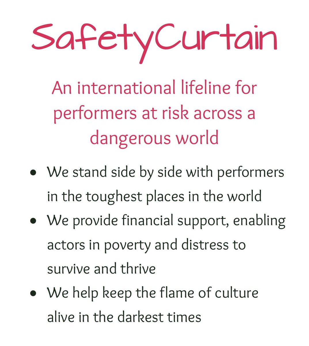 We are thrilled to announce that all of the profits from our upcoming SCRATCH will be donated to <a href="/SafetyCurtainHQ/">SafetyCurtain</a>, who support performers in need across over 20 countries worldwide. Follow the link below to learn more about SafetyCurtain 🌍🎭

safetycurtain.org.uk