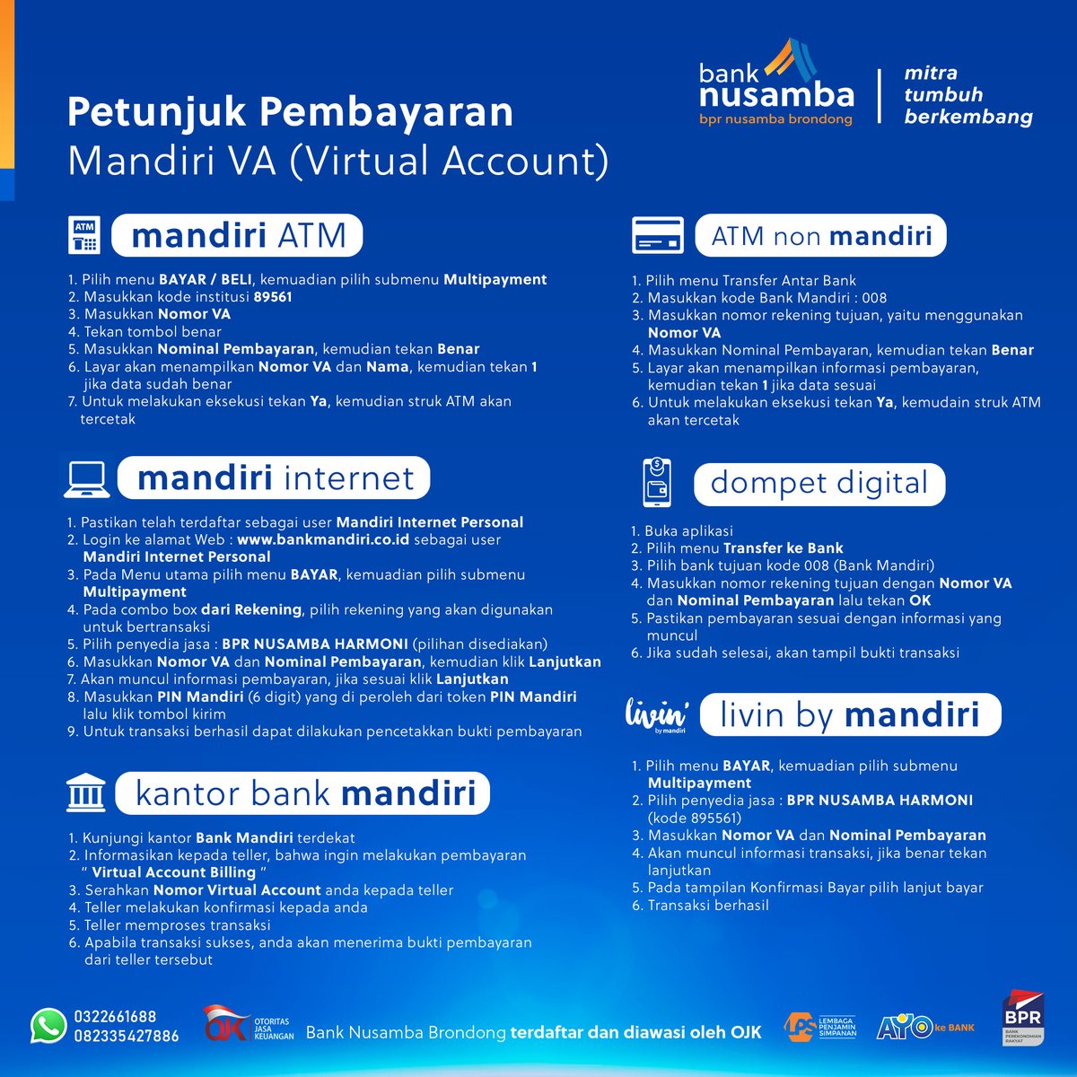 NusambaBrondong's tweet photo. Telah Hadir !!!
Pembayaran Mandiri VA (Virtual Account) BPR Nusamba Brondong
.
Kirim Pembayaran
✅️ Jadi Mudah ✅️ Lebih Praktis
REALTIME ONLINE
.
#nusamba #banknusamba #mudah #praktis #nusambagroup https://t.co/5MsNv2RCtS
